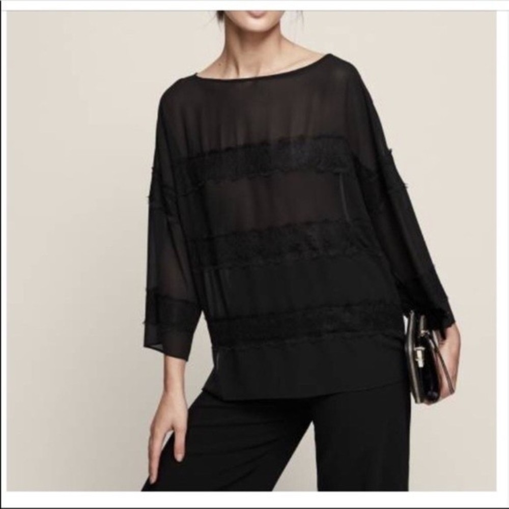 Reiss Black Sheer Lace-Trim Relaxed Blouse